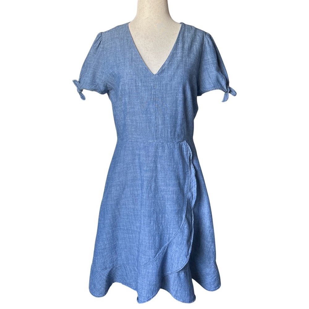 J. Crew Chambray Faux Wrap Short Sleeve Mini Dress - 6 - Medium Wash Blue - Picture 3 of 16
